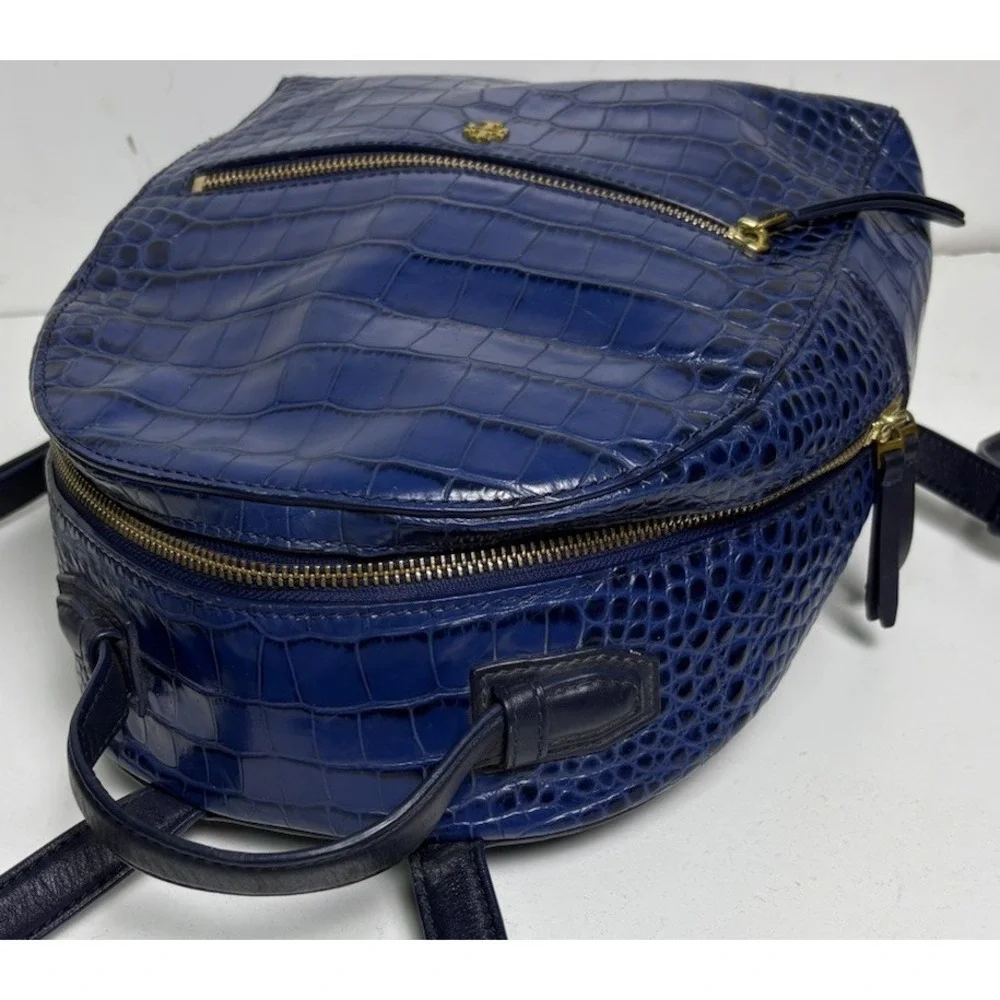 Tory Burch Navy Blue Croc Embossed Leather Backpack City Shoulder Bag Old Money